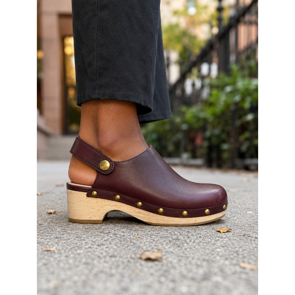J.Crew BA188 Burgundy Leather Wooden Slingback Clogs Womens 6 Brass Studded Heel